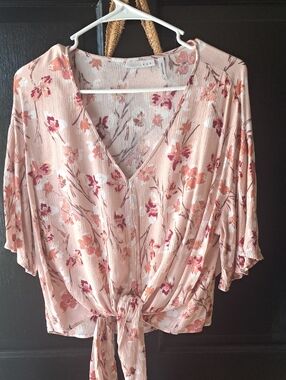 Tie-Front V-Neck Floral Blouse in Blush Pink